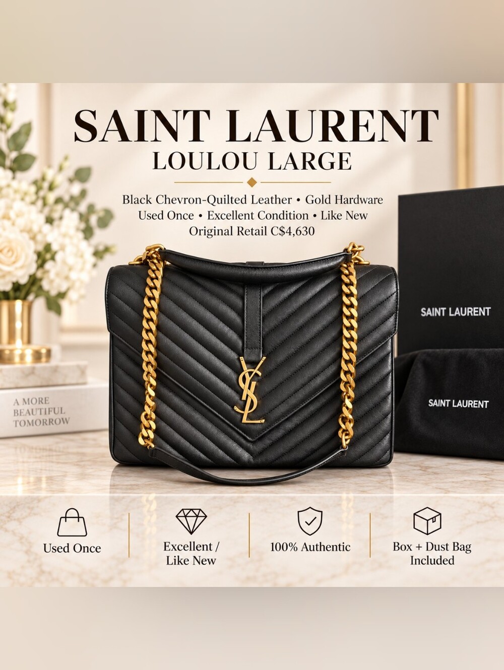 Saint Laurent YSL Loulou Large Black Chevron Leather Gold Hardware